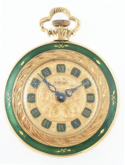 Arany (Au/18k) Melox női zsebóra, zománcozással, római számlappal, mechanikus szerkezettel, működik, d: 27mm, bruttó: 19,7g / Gold 18 ct woman's pocket watch with enameled dial. Mechanic works