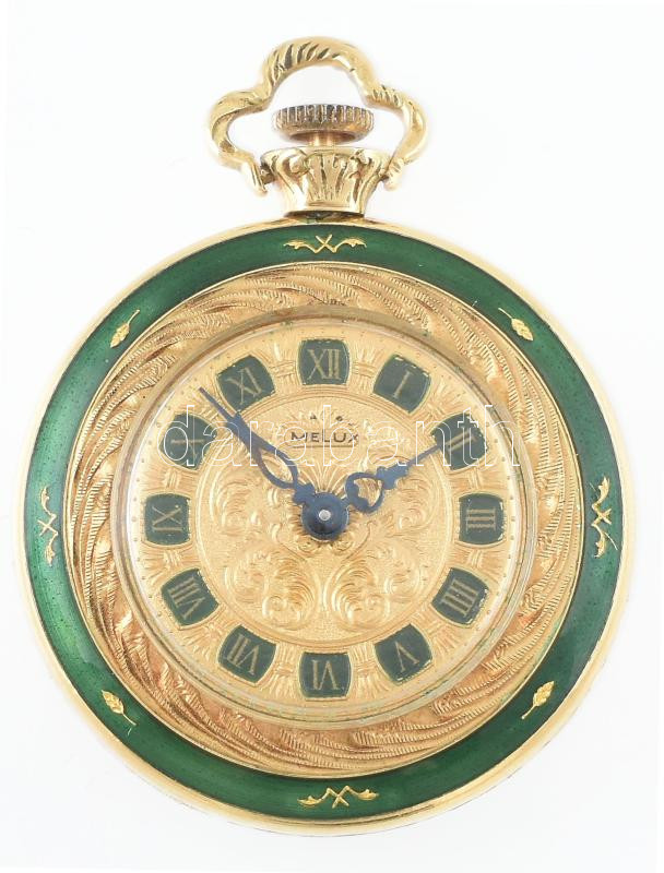 Arany (Au/18k) Melox női zsebóra, zománcozással, római számlappal, mechanikus szerkezettel, működik, d: 27mm, bruttó: 19,7g / Gold 18 ct woman's pocket watch with enameled dial. Mechanic works