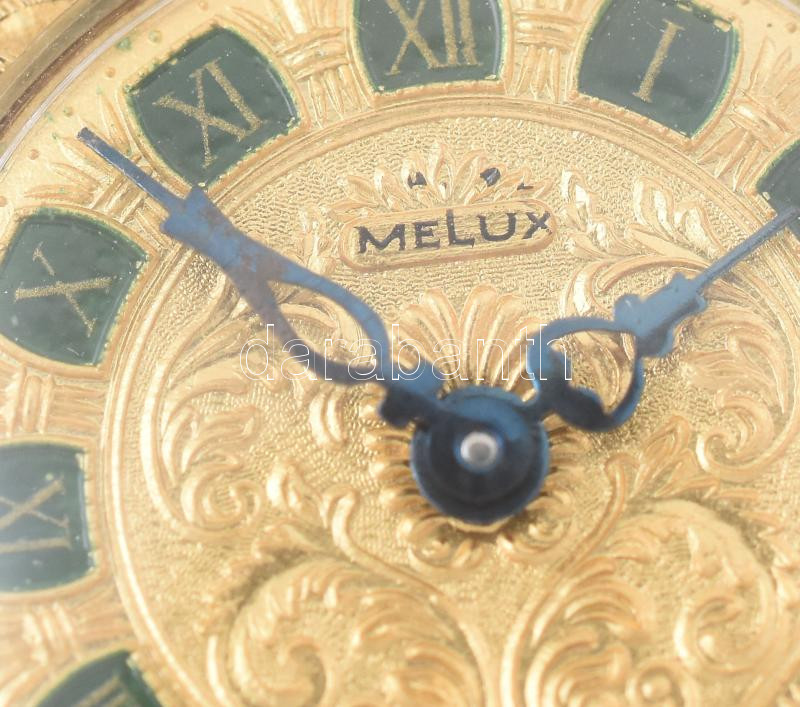 Arany (Au/18k) Melox női zsebóra, zománcozással, római számlappal, mechanikus szerkezettel, működik, d: 27mm, bruttó: 19,7g / Gold 18 ct woman's pocket watch with enameled dial. Mechanic works - Image 2
