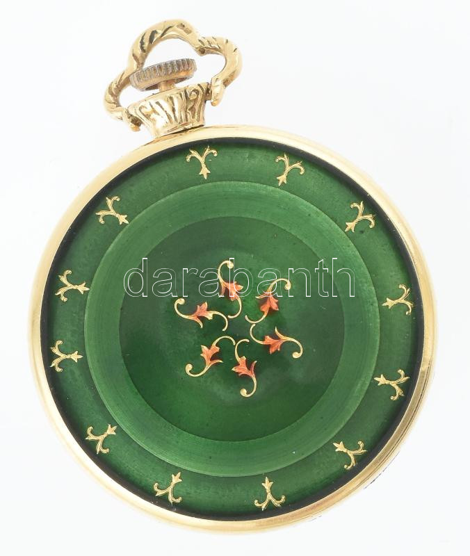 Arany (Au/18k) Melox női zsebóra, zománcozással, római számlappal, mechanikus szerkezettel, működik, d: 27mm, bruttó: 19,7g / Gold 18 ct woman's pocket watch with enameled dial. Mechanic works - Image 3