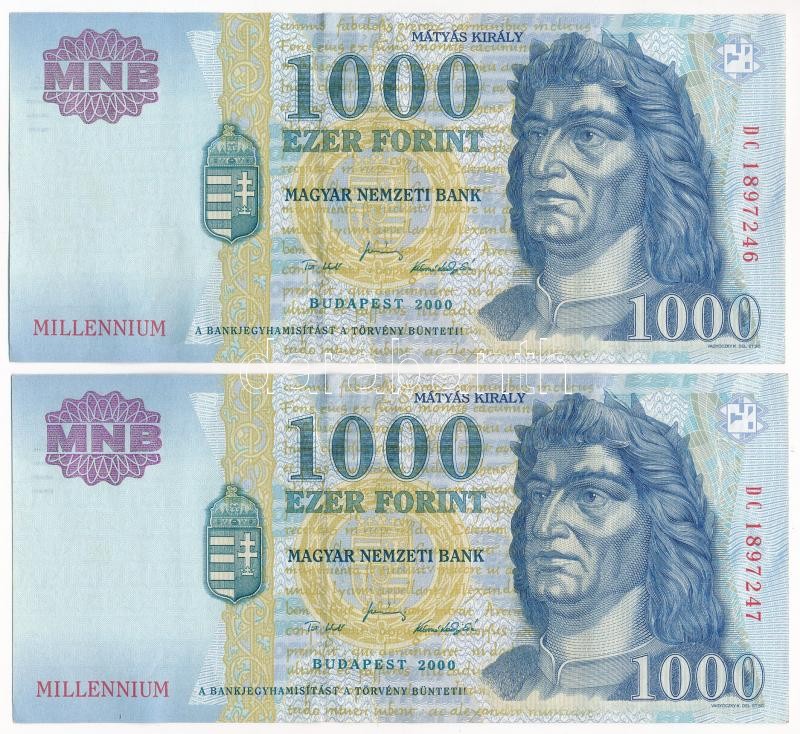 2000. 1000Ft 'Millennium' (2x) sorszámkövetők 'DC 1897246 - DC 1897247' T:II-,III szép papír Adamo F55B2