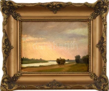 Piroska János (1894-1987): Behordás. Olaj, karton, jelzett, dekoratív fakeretben, 18,5×24,5 cm