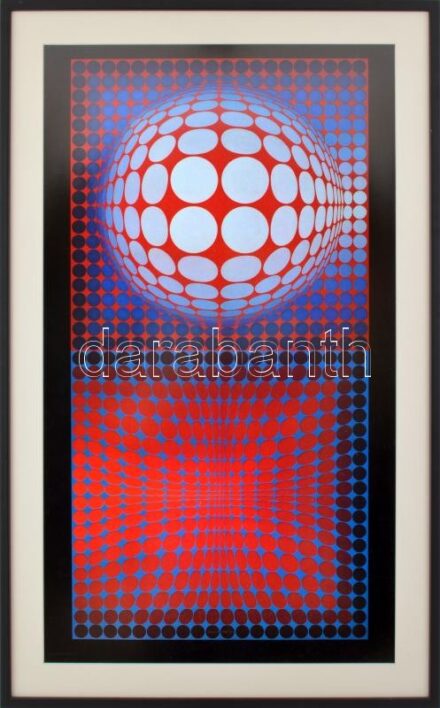 Vasarely Victor (1908-1997): VP-Host, 1970-72. Heliogravűr, papír. Neuchatel, Éditions du Griffon kiadása. Bal alsó sarkában Fondation Vasarely Aix-En-Provence szárazbélyegzőjével. Üvegezett fakeretben. 71,5x26,5 cm. / Victor Vasarely