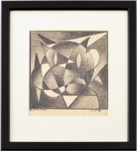 Gádor Emil (1911-1998): 1956. Ceruza, papír, jelzett, hátoldalán autográf felirattal. Üvegezett fakeretben. 12x12,5 cm / pencil on paper, signed, with autograph description on the reverse, framed