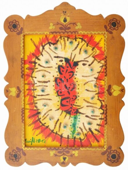 Szeift Béla (1944-2012): Féregvirág, 2012. Olaj, applikáció, karton, jelzett, fakeretben, 27×20 cm.
