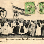 1909 Békés, arató ünnep magyar címeres zászlóval. Véver Oszkár kiadása 1259. TCV card (EK)