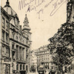 1915 Budapest V. Egyetem tér, villamos, kerékpáros, Blazek Adolf műköszörűs, Szabó Vilmos cipész üzlete