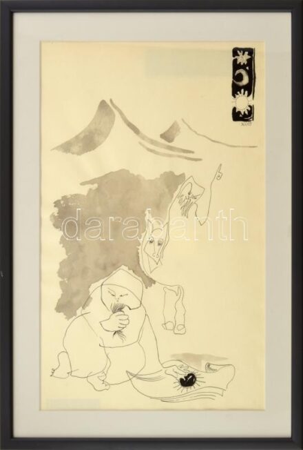 Lisziák Elek (1939-2007): Lao-ce, 1969. Tus, akvarell, papír, jelezve jobbra fent, hátoldalán autográf felirattal. Üvegezett fakeretben. 41,5×25 cm / Elek Lisziák (1939-2007): Laozi (Lao-Tze). Ink and watercolour on paper, signed, with