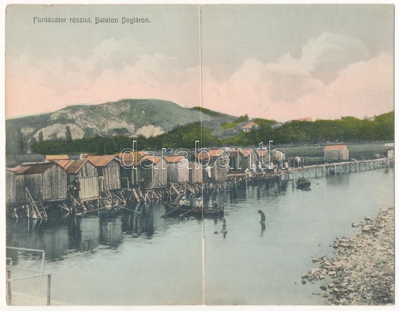 Balatonboglár, Boglár; fürdősátor részlet. Fischer Hermann kiadása, két részes kinyitható panorámalap (EK)
