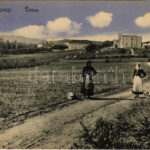 1912 Balatonfüred, asszonyok kosárral a földúton, szőlőskertek. Koller Károly József kiadása (EK)