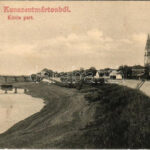 1908 Kunszentmárton, Körös part, híd, templom. Sáray Albert felvétele, Wolf Dezső kiadása (EK)