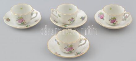 Herendi Eton mintás porcelán mokkás csésze, 4db és alj, 4 db, kézzel festett, jelzett, hibátlan, csésze: 6,5x4,5 cm, alj: d: 11,5 cm