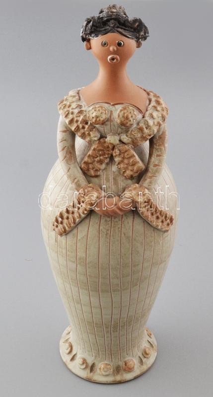 Kiss Roóz Ilona (1920-2010): Női figura, mázas kerámia, kézzel festett, jelzett, hibátlan, m: 47 cm