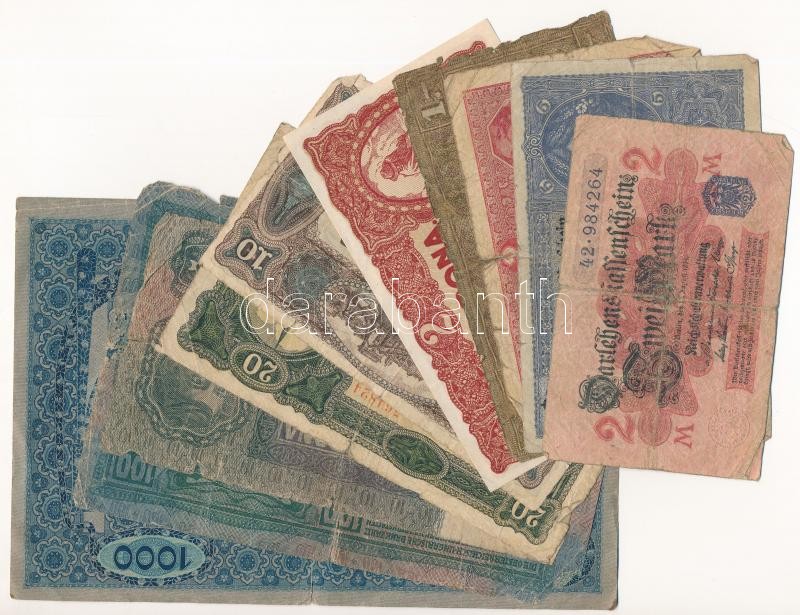 1912. 100K + 1915. 10K piros 'MAGYARORSZÁG' felülbélyegzéssel + 1917. 2K olvashatatlan felülbélyegzéssel + 1920. 2K-20K (3xklf) + Ausztria 1919. (1902) 1000K függőleges 'DEUTSCHÖSTERREICH' felülbélyegzéssel, mindkét oldal német +
