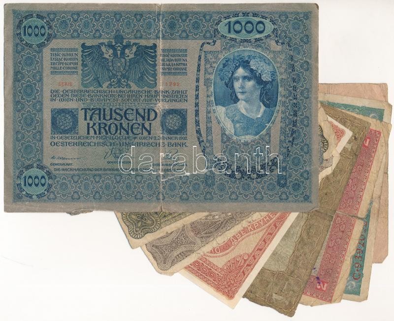 1912. 100K + 1915. 10K piros 'MAGYARORSZÁG' felülbélyegzéssel + 1917. 2K olvashatatlan felülbélyegzéssel + 1920. 2K-20K (3xklf) + Ausztria 1919. (1902) 1000K függőleges 'DEUTSCHÖSTERREICH' felülbélyegzéssel, mindkét oldal német + - Image 2
