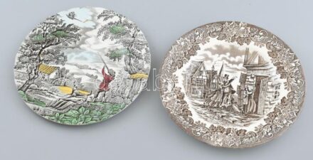 2 db Staffordshire angol fajansz tányér, máz alatti festéssel d: 19 cm