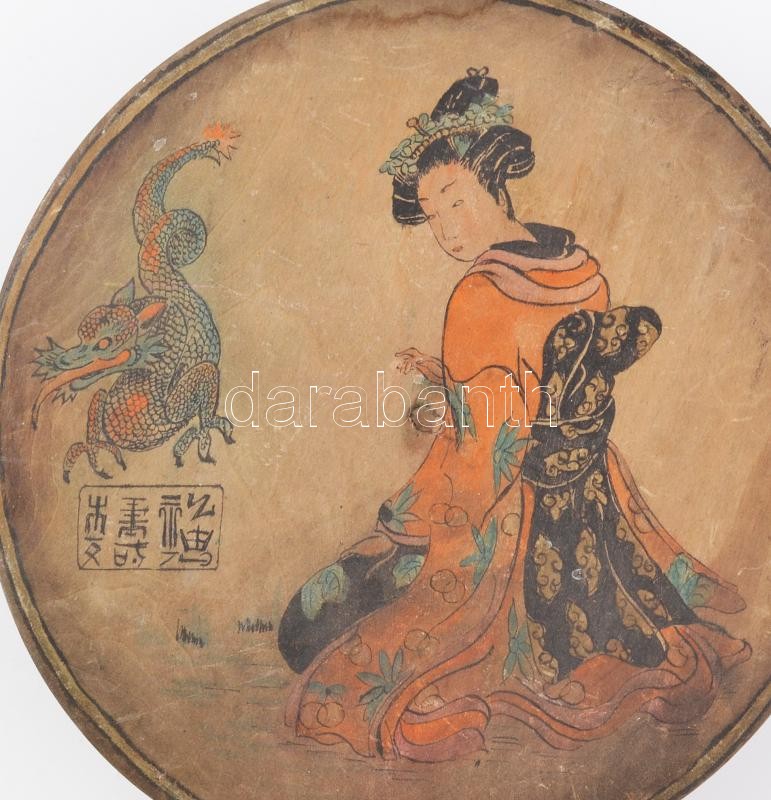 Japán fadoboz, kézzel festett fedéllel, kissé foltos és kopott, 22x6 cm - Image 2