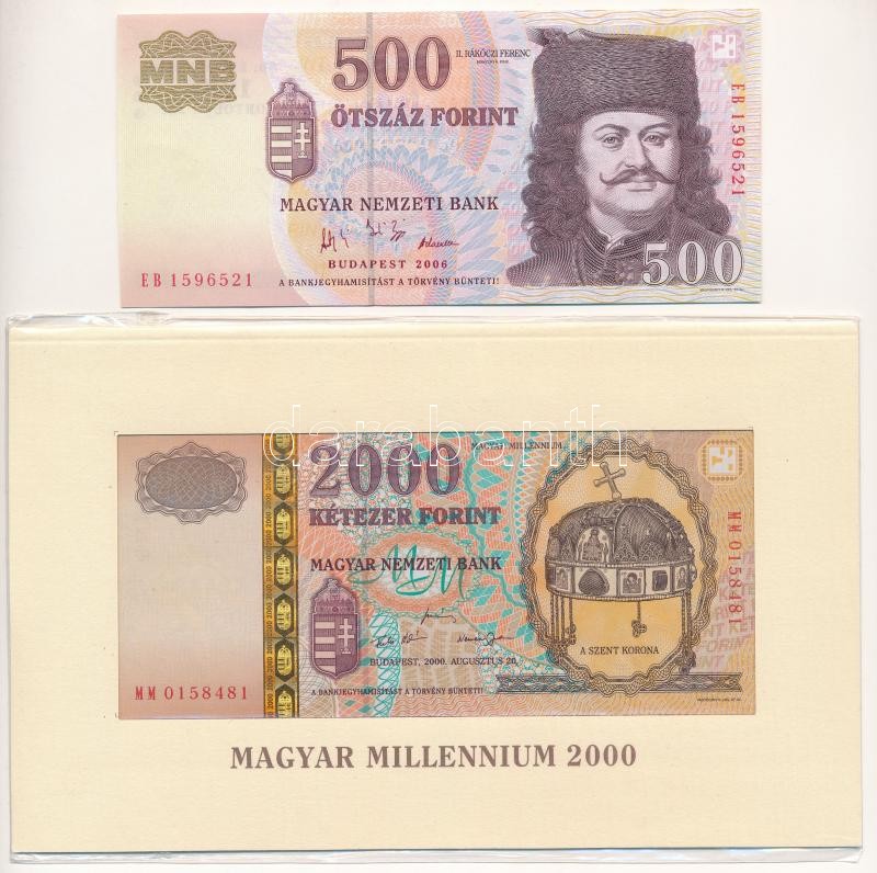 2000. 2000Ft 'Millenium' 'MM 0258481' eredeti, bontatlan díszcsomagolásban + 2006. 500Ft 'EB' 'A forradalom 50. évfordulója 1956. október 23.' T:I,III szép papír Adamo F56A, F54EE