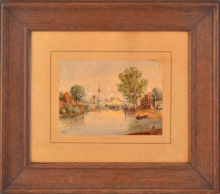 Nádler Róbert (1858-1938): Győr, Rábahíd, 1890. Akvarell, papír, jelzett, üvegezett fakeretben, 18×25 cm