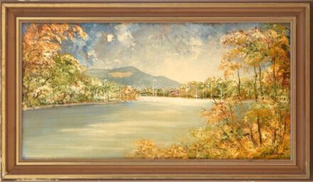 Andrásy Róbert (?-?): Horány. Olaj, vászon, faroston. Fa keretben. Hátoldalán címkén feliratozott. Fakeretben. 36x69 cm