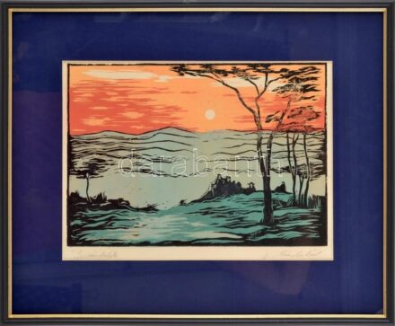 ifj. Iván Szilárd (1955-): Kirándulók. Linómetszet, papír, jelzett, üvegezett fakeretben, 24×33 cm