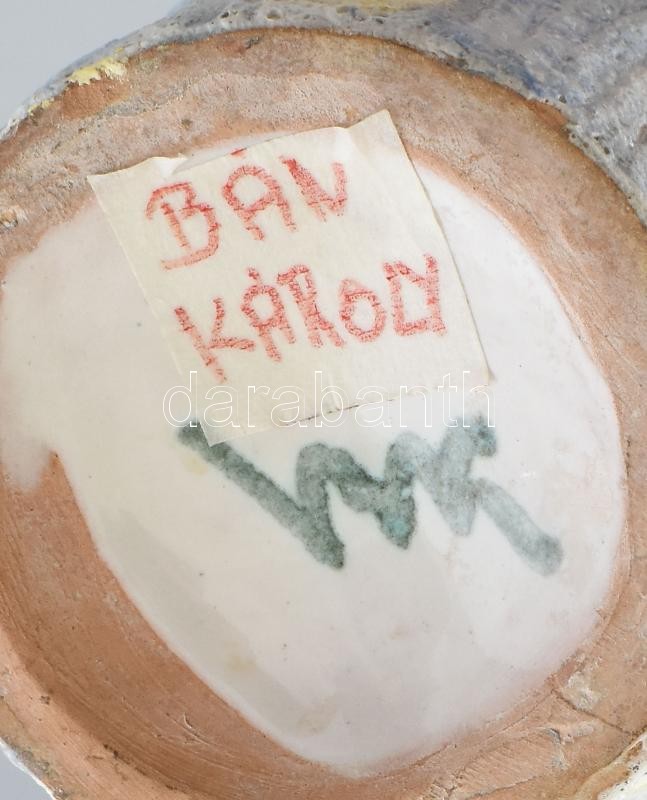 Bán Károly retró füles váza, színes mázakkal festett kerámia, jelzett,, m: 30 cm - Image 4