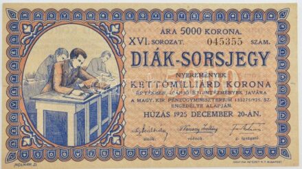 Budapest 1925. 'Diák-Sorsjegy' 5000K értékben, 'XVI. 045355' sorszámmal T:III small tear / Hungary / Budapest 1925. 'Student Lottery Ticket' about 5000 Korona, with 'XVI. 045355' serial number C:F kis szakadás