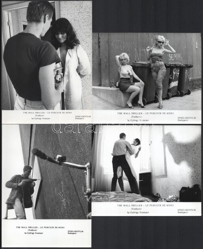 cca 1985 ,,Falfúró' című magyar film jelenetei és szereplői, 8 db vintage produkciós filmfotó, ezüst zselatinos fotópapíron, idegennyelvű felirattal, amelyek külföldi filmforgalmazók részére készültek promóciós célra, a