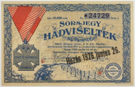 Budapest 1926. 'Sorsjegy a Hadviseltek Üdülő Otthona Javára' 10.000K-ról, '*24729' sorszámmal T:II Hungary / Budapest 1926. 'Lottery ticket for the benefit of the Veterans' Holiday Home' about 10.000 Korona, with '*24729' serial number C:XF