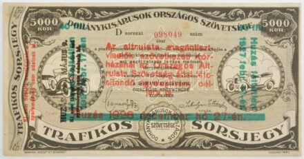 Budapest 1925. 'Dohánykisárusok Országos Szövetsége - Trafikos Sorsjegy' 5000K-ról, 'D 098049' sorszámmal, felülnyomással T:III / Hungary / Budapest 1925. 'National Association of Tobacconists - Traffic Ticket' about 5000 Korona, with 'D