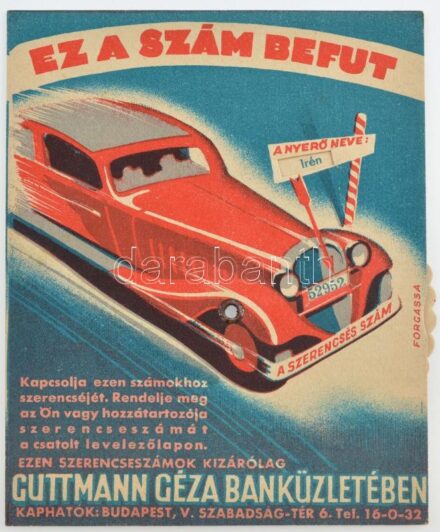 Budapest ~1930. 'Ez a szám befut - Guttmann Géza Banküzletében' forgatható hátlapú sorsjáték reklám T:I / Hungary / Budapest ~1930. 'Bank of Guttmann Géza' lottery game advertisement with rotating back panel C:UNC