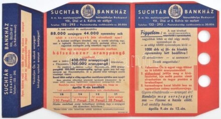 Budapest ~1938. 'Suchtár Bankház - 40. osztálysorsjáték' kihajtható sorsjegy reklám T:I- / Hungary / Budapest ~1938. 'Suchtár Bank House - 40. Class Lottery Game' lottery ticket advertisement C:AU