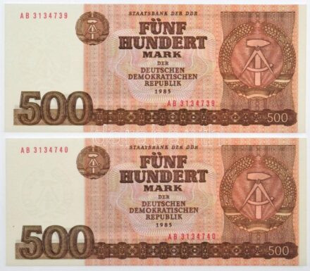 NDK 1985. 500M (2x) kiadatlan, sorszámkövető bankjegyek 'AB 3134739 - AB 3134740' T:I,I- / GDR 1985. 500 Mark (2x) unissued banknotes with consecutive 'AB 3134739 - AB 3134740' serials C:UNC, AU Krause P#33