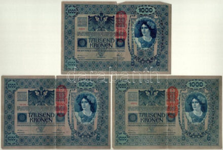 Ausztria 1919. (1902) 1000K (3x) függőleges 'DEUTSCHÖSTERREICH' felülbélyegzéssel, mindkét oldal német T:III kis szakadás Austria 1919. (1902) 1000 Kronen (3x) with vertical 'DEUTSCHÖSTERREICH' overprint, both sides in german C:F small
