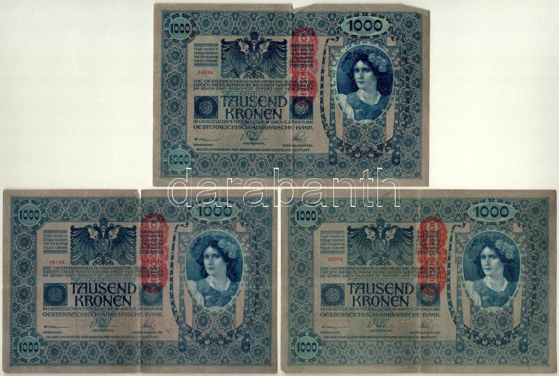 Ausztria 1919. (1902) 1000K (3x) függőleges 'DEUTSCHÖSTERREICH' felülbélyegzéssel, mindkét oldal német T:III kis szakadás Austria 1919. (1902) 1000 Kronen (3x) with vertical 'DEUTSCHÖSTERREICH' overprint, both sides in german C:F small