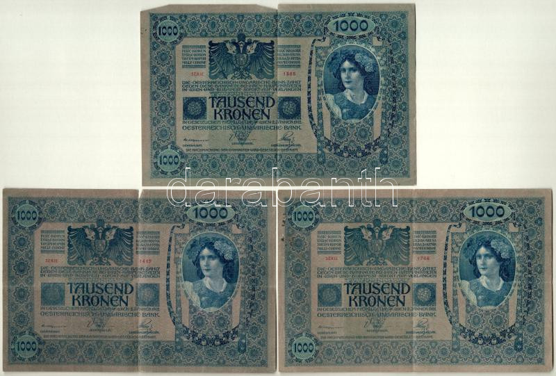 Ausztria 1919. (1902) 1000K (3x) függőleges 'DEUTSCHÖSTERREICH' felülbélyegzéssel, mindkét oldal német T:III kis szakadás Austria 1919. (1902) 1000 Kronen (3x) with vertical 'DEUTSCHÖSTERREICH' overprint, both sides in german C:F small - Image 2