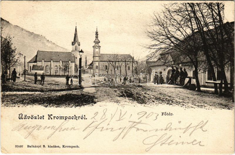 1903 Korompa, Krompach, Krompachy; Fő tér, templomok. Balkányi S. kiadása / main square, churches (EB)