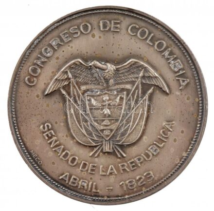 Kolumbia ~1983. 'Congreso de Colombia - Senado la Republica - Abril 1823 / Capitolio Nacional (Kolumbia Kongresszusa - A Köztársaság Szenátusa - 1823. április / Capitolio Nacional)' kétoldalas ezüstözött bronz emlékérem, 'FIBO' és