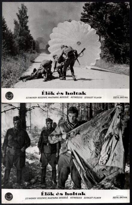 cca 1964 ,,Élők és holtak' című szovjet film jelenetei és szereplői, 17 db vintage produkciós filmfotó, ezüst zselatinos fotópapíron, a használatból eredő (esetleges) kisebb hibákkal, 18x24 cm