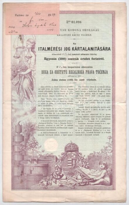 Budapest 1890. 'Italmérési jog kártalanítására kibocsátott 4 1/2%-al kamatozó adómentes kötvény' 100Ft-ról, szárazpecséttel T:III kis szakadás / Hungary / Budapest 1890. 'Tax-free bond with interest at 4 1/2% issued to compensate for