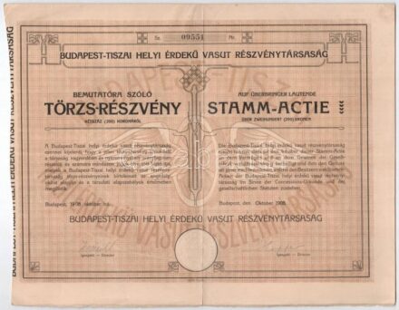 Budapest 1908. 'Budapest-Tiszai Helyi Érdekű Vasút Részvénytársaság' törzsrészvénye 200K-ról, szárazpecséttel, lyukasztással érvénytelenítve T:III / Hungary / Budapest 1908. 'Budapest-Tisza Local Interest Railway Share Company'