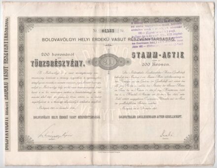 Budapest 1895. 'Boldvavölgyi Helyi Érdekű Vasut Részvénytársaság' törzsrészvénye 200K-ról, szelvényekkel, felülbélyegzéssel T:III / Hungary / Budapest 1895. 'Boldvavölgy Local Interest Railway Share Company' share about 200 Korona,