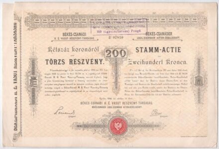 Gyula 1893. 'Békés-Csanádi H. É. Vasut Részvény-Társaság' törzsrészvénye 200K-ról szárazpecséttel, szelvényekkel, felülbélyegzéssel T:II / Hungary 1893. 'Békés-Csanád Local Interest Railway Share Company' share bout 200 Korona
