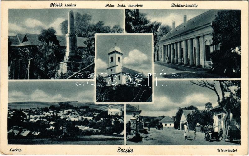 1939 Becske, Római katolikus templom, Hősök szobra, Balázs kastély, utca, oldalkocsis motorkerékpár