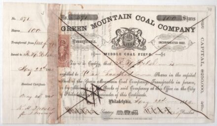 Amerikai Egyesült Államok / Philadelphia 1865. 'Green Mountain Szén Társaság' elismervénye 100db részvényről, okmánybélyegekkel, áthúzásokkal érvénytelenítve, összeragasztva T:III tűlyukak / USA / Philapelphia 1865. 'Green