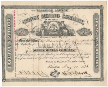 Amerikai Egyesült Államok / Boston 1876. 'A Michigani Quincy Bányász Társaság Átruházási Irodája' elismervénye 3db részvényről, érvénytelenítve T:III / USA / Boston 1876. 'Transfer Agency of Quincy Mining Company of Michigan'