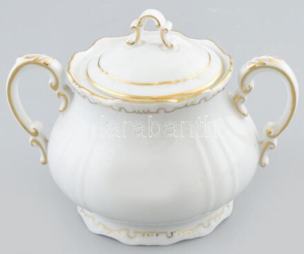 Zsolnay cukortartó, porcelán, jelzett, kopásnyomokkal, m: 11 cm
