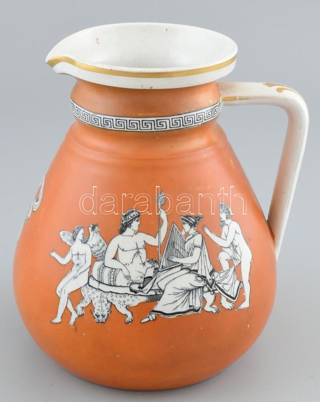 Antik fajansz kancsó görög jelenetekkel, jelzés nélkül, mázrepedésekkel, kis kopásokkal, m: 19 cm