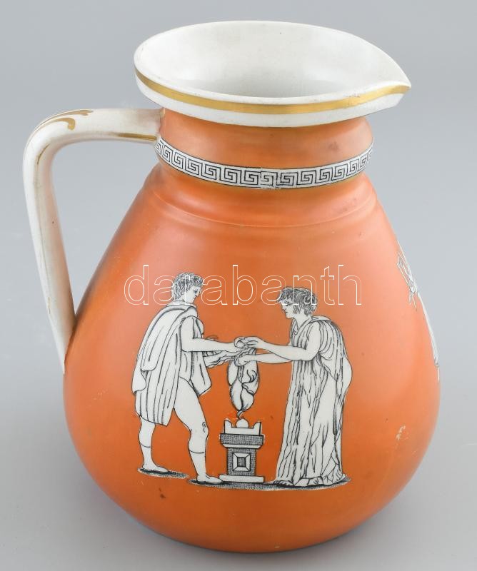 Antik fajansz kancsó görög jelenetekkel, jelzés nélkül, mázrepedésekkel, kis kopásokkal, m: 19 cm - Image 3