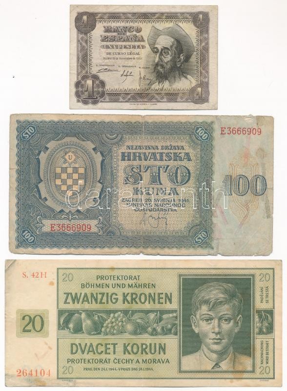 Horvátország 1941. 100K + Német Harmadik Birodalom / Cseh-Morva Protektorátus 1944. 20K + Spanyolország 1951. 1P T:III,III- folt, szakadás Croatia 1941. 100 Kuna + German Third Reich / Protectorate of Bohemia and Moravia 1944. 20 Korun +